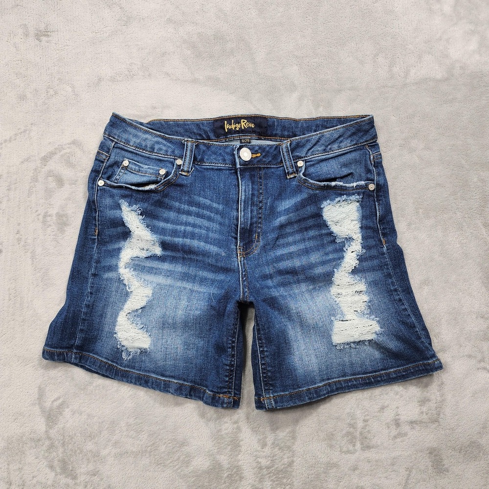 Indigo Rein Shorts Womens 11/29 Blue Bermuda Distressed Stretch Denim‎ Casual